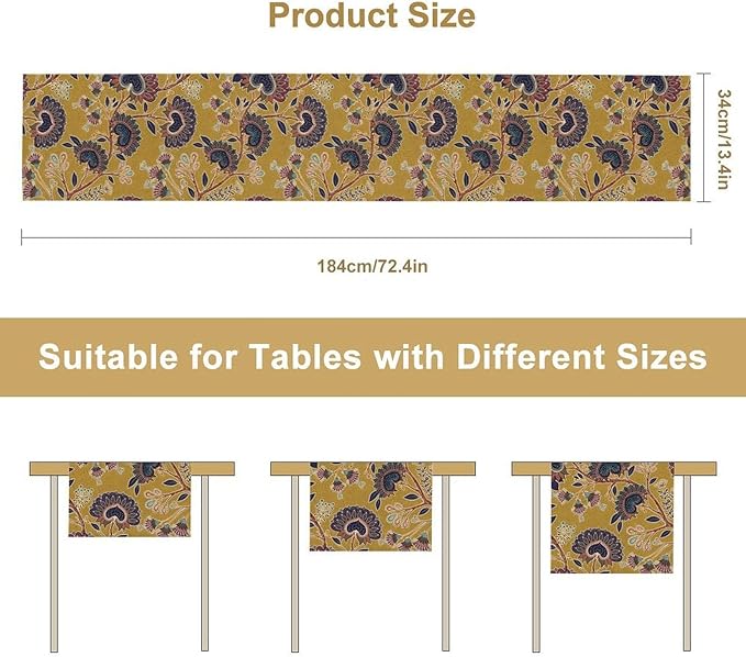Boho Floral Table Runner, Mustard Yellow Paisley Floral Vintage Farmhouse Table Runner for Kitchen Dining Holiday Party Decor, 13x90 Inch