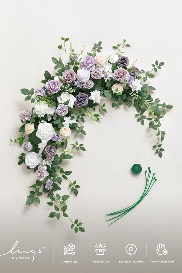 Ling's moment Wedding Arch Flowers - 6.5FT Floral Garland for Ceremony Arbor Backdrop Decoration - Artificial Rose Floral Swag for Sweetheart Table Birthday Party, Baby Shower, Purple