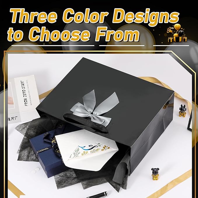 Bloomwords 13" Black Gift Bag Set - 1 Large Paper Bag with Bow, Greeting Card & 2 Tissues, Sturdy Handles for Birthdays, Father’s Day & Special Occasions