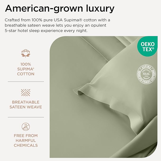 Threadmill Luxury Supima Cotton Sheets, 1200 Thread Count Soft 100% Cotton Sheets for King Size Bed, 4 Pc Sage Green King Bed Sheets Set, 5-Star Egyptian Hotel Quality with Elasticized Deep Pocket