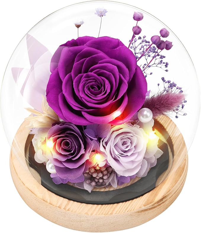 Preserved Roses Flowers for Delivery, Purple Forever Flores in Glass Dome for Women Mom Grandma Wife Girlfriend, Eternal Rose Anniversary Birthday Gift for Valentines Mothers Day Christmas