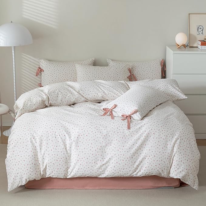 Floral Duvet Cover Queen Size Cotton Boho Fresh Garden Floral Coquette Comforter Cover with 2 Bowknot Bow Tie Pillowcases,3 Piece Botanical Flower Bedding Duvet Cover Set,Soft & Breathable Bedding Set