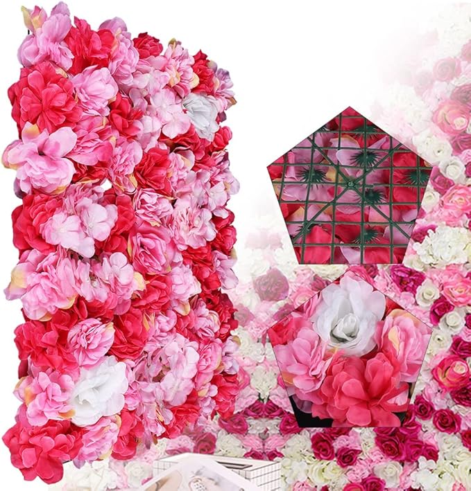 12Pcs 15.75"x 23.62"x0.79" Artificial Flower Wall Panels,Flower Wall Mat Silk Flower Panels for Outdoor Garden Backyard Fence Fence Privacy Screen and Indoor Wall Decor (12Pcs Red Pink)