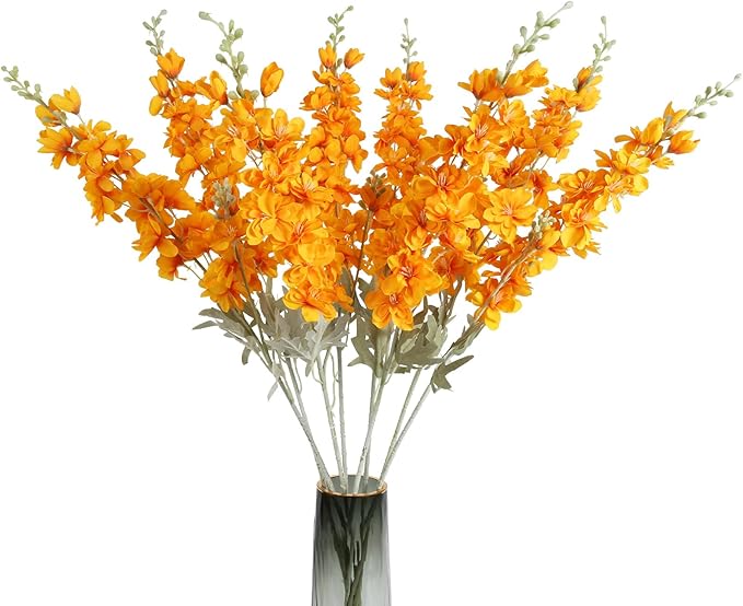8pcs Delphinium Artificial Flowers 33.5in Long Stem Larkspur Fake Silk Flowers for Tall Vase Faux Flowers for Home Wedding Baby Shower Floral Arrangement Centerpiece Table Decorations (Orange)