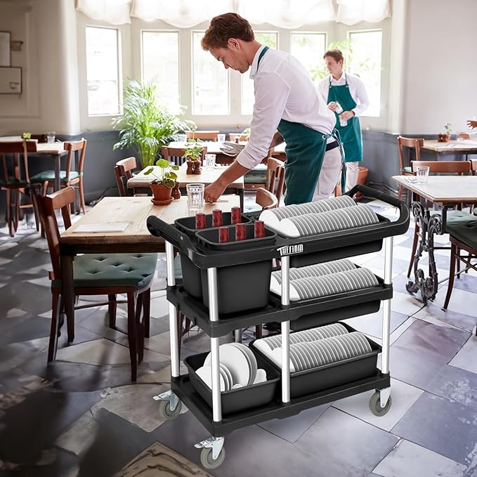TUFFIOM 3-Tier Plastic Service Storage Utility Cart with Wheels, Heavy Duty Multi-Function Mobile Shelving Unit Organizer, Ideal for Restaurant, Foodservice, Office, Warehouse, Black