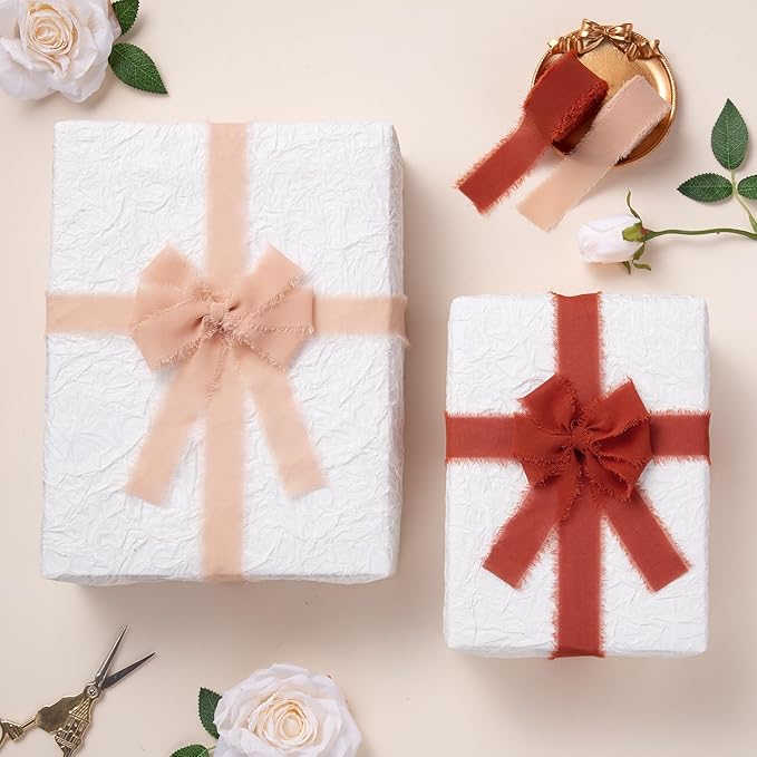 DORIS HOME Nude Pink Chiffon Ribbon for Flower Bouquet, 1" x21Yd Fabric Ribbon for Gift Wrapping, Handmade Frayed Ribbon for Wedding Invitations/Christmas Decorations