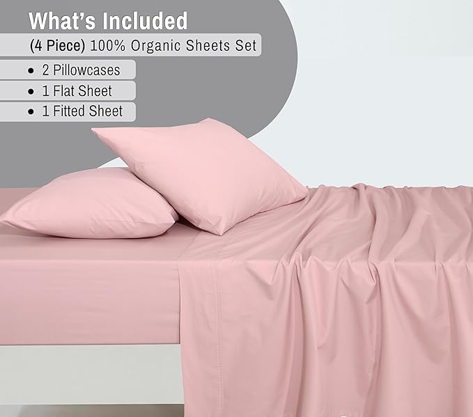 RUVANTI 100% Organic Cotton Sheets King Size, Percale Weave, GOTS Certified, 4-Piece Set, Deep Pocket 15", Crisp & Breathable, Soft Durable Bedding, Sábanas Algodón Orgánico – Peach Skin