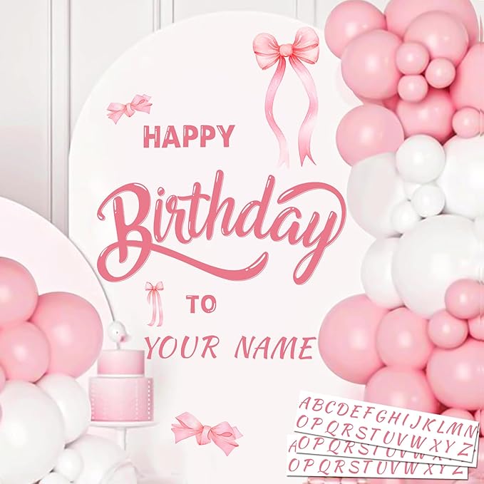 Custom Name Happy Birthday Signs for Backdrop Sweet Girl Birthday Party Vinyl Stickers for Pink Bow Balloon Arch Decoration Women Happy Birthdays Letters Banner Photo Background Sticker Party Supplies