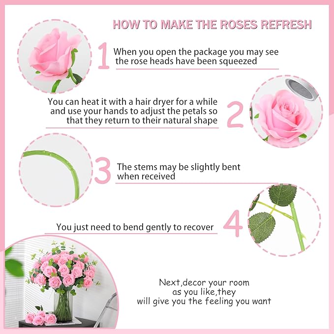 50PCS Artificial Silk Roses in Bulk & Bouquet Long Stem – Realistic Fake Roses for Wedding Centerpieces, Home Decor, Floral Arrangements, Party Decoration (Pink)
