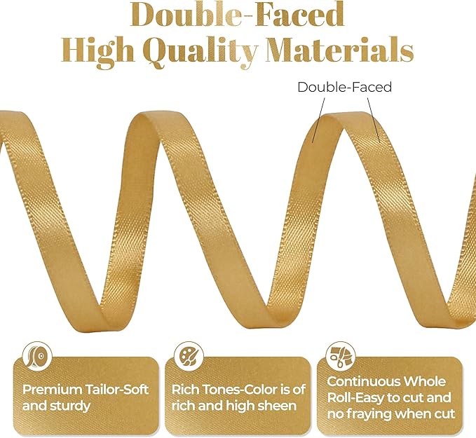 Light Gold Satin Ribbon, Double Faced 1/4 Inch X 25 Yards Light Gold Ribbon, Premium Satin Ribbon for Gift Wrapping, Crafts, Hair Bow Making, Sewing, Flower Bouquet, Wedding Party Decor