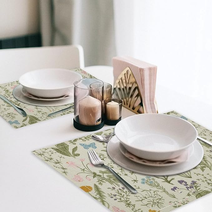 Botanical Placemats Set of 8, 17x12 Inch Butterfly Green Leaf Colorful Wildflower Vintage Rustic Style Table Mats for Home Party Kitchen Dining Decor
