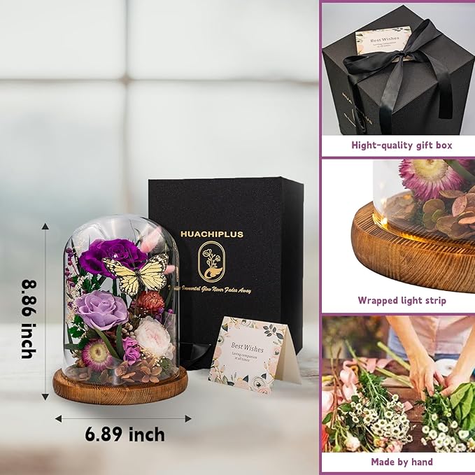 Eternal Flower with Butterfly: Big Flowers Big Love-Elegant Flower in Glass Dome-Thanksgiving, Christmas, Mom Gifts for Her-Flowers for Delivery Prime-Floral Arrangements(Purple)