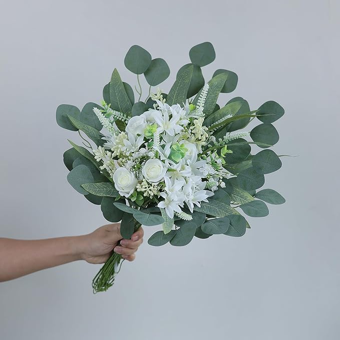 VIERENA Artificial Greenery Stems Box Set(Pack of 75pcs) with 8 Kinds of Faux Plants and Fake Flowers for DIY Wedding Bouquet Table Centerpieces and Floral Arrangement (White&Green)