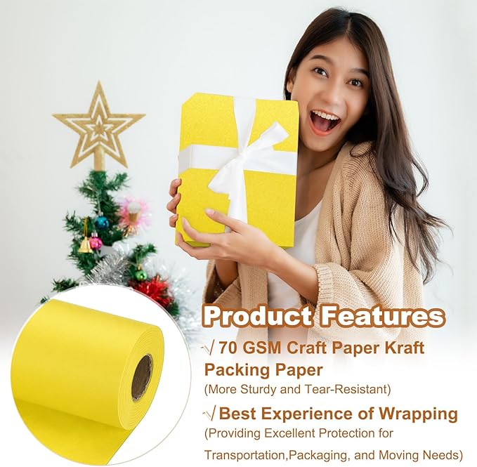 PATIKIL Wrapping Paper, 12" x 800"(66') 70 GSM Craft Paper Roll Kraft Packing Paper for Poster Bulletin Board, Gift Wrapping, Yellow