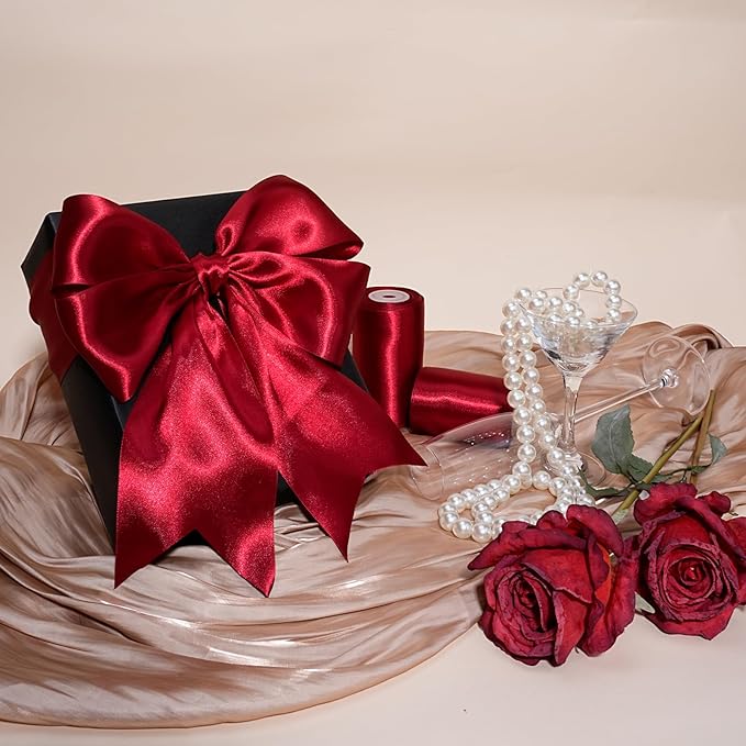 LaRibbons Red Satin Ribbon 4 Inch 10 Yards Christmas Ribbons Double Faced Luxury Burgundy Silk Ribbon for Gift Wrapping Flower Bouquets Bow Christmas Wedding Party Decoration