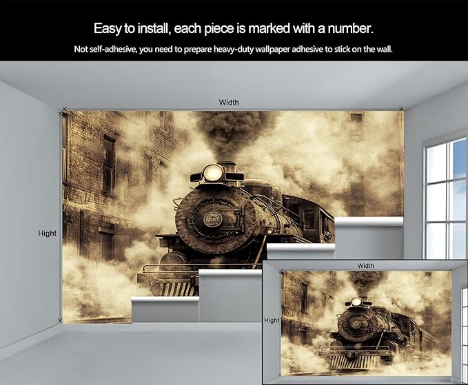 Vintage Steam Train Wall Mural, Industrial Train Engine 3D Wall Murals, Retro Railway Steam Engine Wallpaper Mural, for Living Room Bedroom Large Wallpaper Indoor Decor 118" W x 82.6 "H