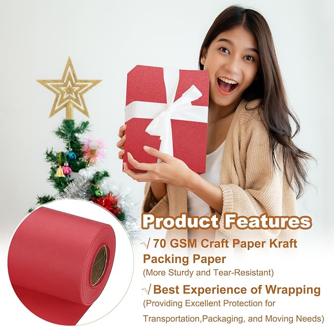 PATIKIL Wrapping Paper, 17" x 600"(49') 70 GSM Craft Paper Roll Kraft Packing Paper for Poster Bulletin Board, Gift Wrapping, Red
