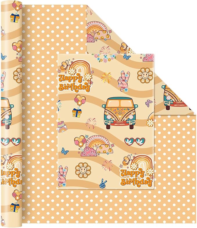 WERNNSAI Groovy Hippie Wrapping Paper - 1 Roll 17” x 33 ft Boho Rainbow Daisy Wrapping Paper Retro Brown Gift Packing Favor for Kids Birthday Vintage Theme Party Supplies Reversible Polka Dot Design