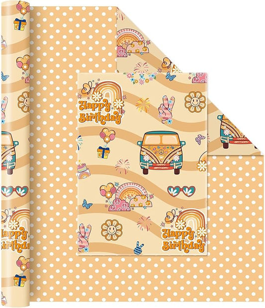 WERNNSAI Groovy Hippie Wrapping Paper - 1 Roll 17” x 33 ft Boho Rainbow Daisy Wrapping Paper Retro Brown Gift Packing Favor for Kids Birthday Vintage Theme Party Supplies Reversible Polka Dot Design