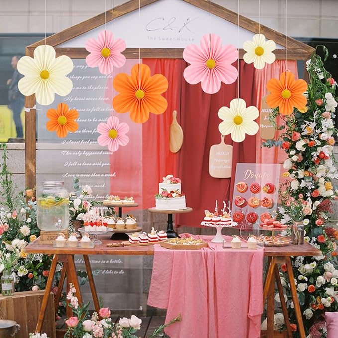 Pink and Orange Party Decorations Paper Flowers Decorations for Wall Classroom Paper Fans Floral Backdrop Flower Wall Decor Pack of 9 Pink Orange