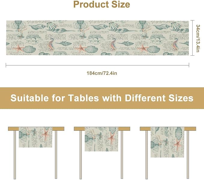 Starfish Table Runner,Seashells Beach Coastal Nautical Sailboat Jellyfish Vintage Hand Drawn Burlap for Hotel Indoors Outdoor Dining Room Kitchen Table Decor, 13x90in