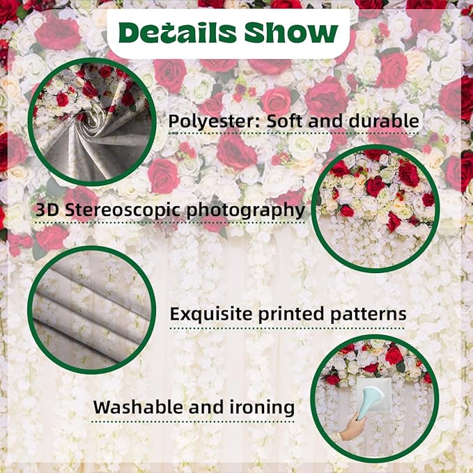 10x5ft White Red Flowers Wall Backdrop Wedding Floral Background Spring Blooming Roses Photography Banner for Bridal Shower Mothers Day Birthday Womens Day Valentines Day Baby Shower Decor