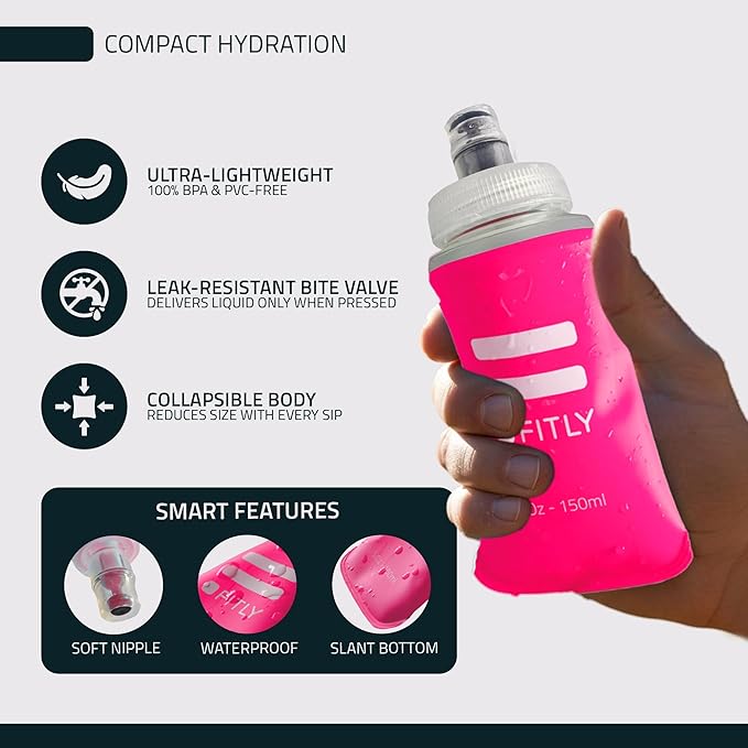 FITLY Soft Flask - Shrink As You Drink Soft Water Bottle for Hydration Pack - Folding Water Bottle Ideal for Running, Hiking, Cycling, Climbing & Rigorous Activity