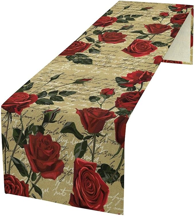 Red Rose Print Table Runner, Vintage Rose Spring Summer Seasonal Romantic Valentines Dinner Runner Table Decoration for Home Kitchen Dining Holiday Wedding Party 13x90in