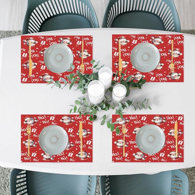 Christmas Xmas Ho Santa Claus Placemats Set of 4 PVC Vinyl Non Slip Table Mats Heat Resistant Place Mats Washable Wipeable Dining Table Mat for Kitchen Decor Party Indoor Outdoor Decorative Gift