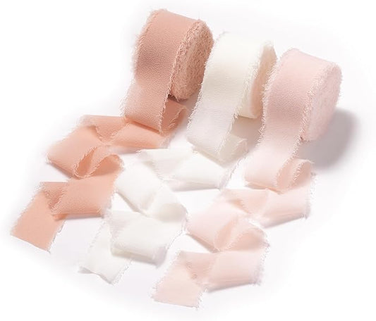 DORIS HOME Pink and Cream Chiffon Ribbon for Flower Bouquet, 1" x21Yd Fabric Ribbon for Gift Wrapping, Handmade Frayed Ribbon for Wedding Invitations/Christmas Decorations