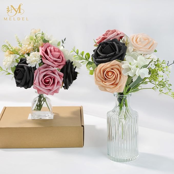 Meldel Artificial Flower 50pcs Real Touch Black Rose Fake Foam Roses with Stems for DIY Wedding Bouquets Gifts Bulk Crafts Faux Floral Centerpieces Arrangements Party Tables Home Halloween Decorations