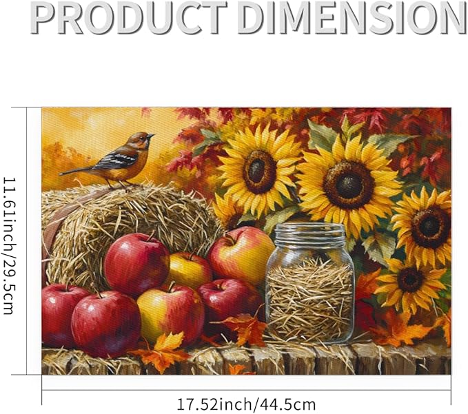 Autumn Apple Flower Sunflower Placemats Set of 4 PVC Vinyl Non Slip Table Mats Heat Resistant Place Mats Washable Wipeable Dining Table Mat for Kitchen Decor Party Indoor Outdoor Decorative Gift