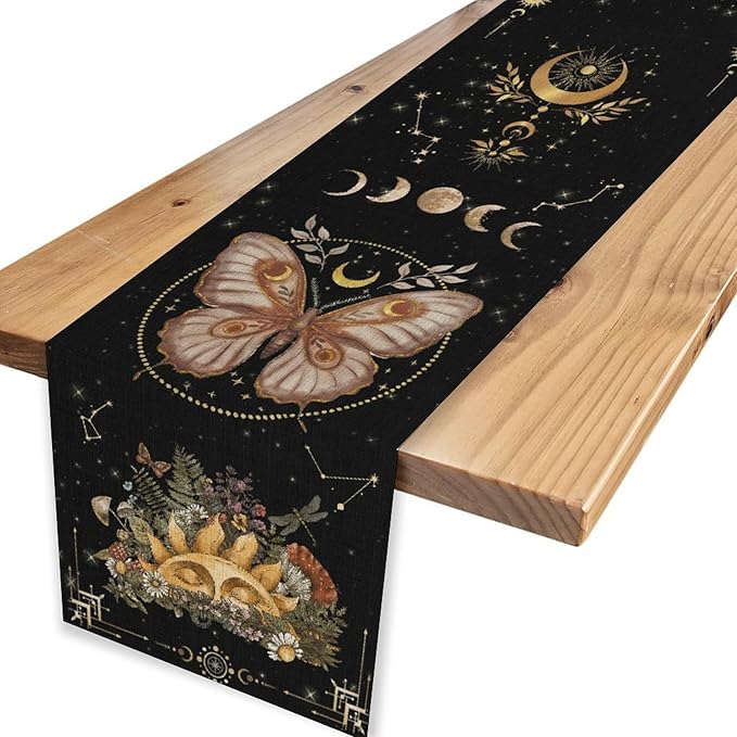 Gothic Moth Table Runner, Boho Gothic Sun Moon Phase Wildflower Mystical Witchy Farmhouse Coffee Table Center Decor for Home Kitchen Dining Patio Holiday Party Table Decorations 13x108 inches