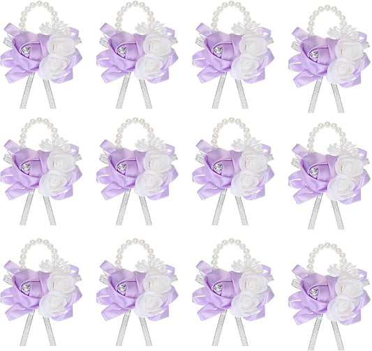 MECCANIXITY 12Pcs Wrist Corsage Artificial Flower Bracelets Rose Wrist Bride Groom Decorative for Wedding Ceremony Prom Party Anniversary Light Purple