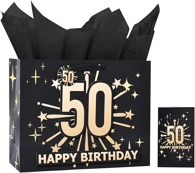 Bloomwords 50th Birthday Gift Bag Set with Card & Tissue – 13" Elegant Keepsake Party Bags for Unisex Anniversaries, Gift Wrapping & Celebrations