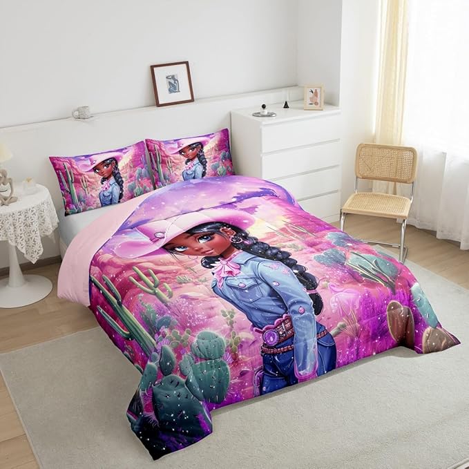 Western Cowgirl Comforter Set Twin Size,Reversible African Style Cute Girl Print Black Bedding Set for Kids Boys Men,Dreamy Stars Purple Galaxy Sparkling Quilted Duvet Set with 1 Pillowcase