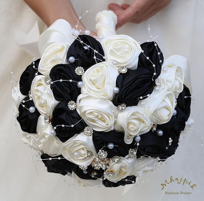 Bridal Wedding Bouquet Round Bling Brooch Bouquet Throw Toss Artificial Rose Flower Bunch for Bride Bridesmaid Wedding Quinceanera(Black & Ivory, 6.3")
