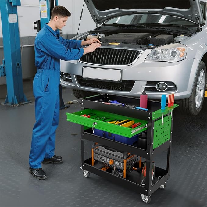 3 Tier Rolling Tool Cart on Wheels, 450 LBS Capacity Tool Cart with Drawers, Heavy Duty Rolling Utility Cart on Wheels, Rolling Work Carts for Garage, Warehouse and Repair Shop,Black Green