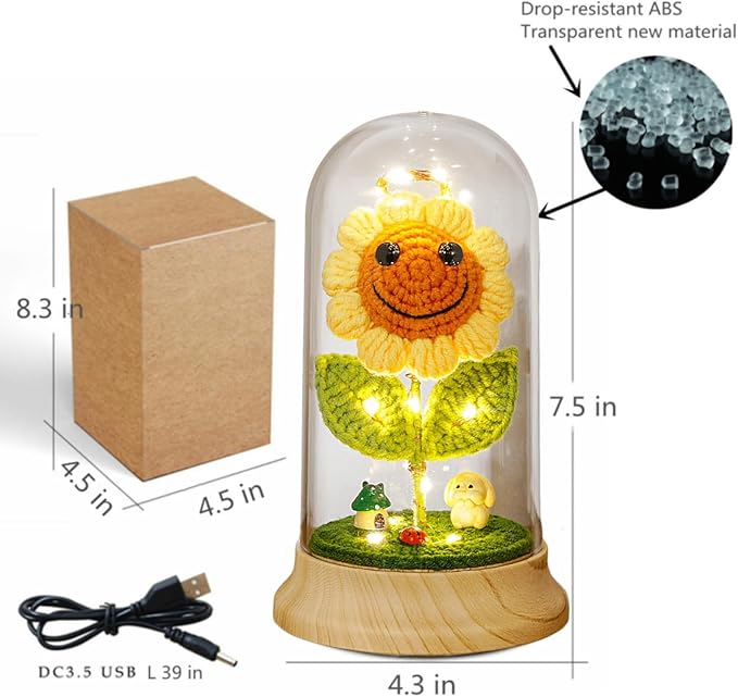 Levvohd Crochet Sunflower Gifts for Women, Artificial Sun Flower Birthday Gifts for Grandma, in Plastic Dome Sunflower, for Her Mom Mothers Day Christmas Day Gifts (B - 4.3 in X 7.5 in)