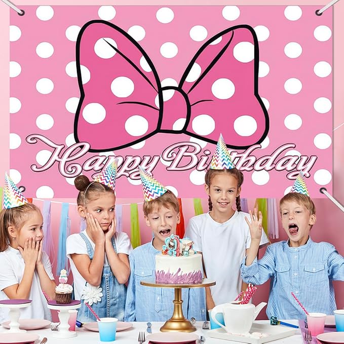 Pink Cartoon Dot Birthday Party Backdrop Banner with Bow Design, 59.1 x 39.4 inches, Photo Background with 32ft Ribbon