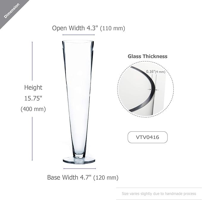 WGV Trumpet Glass Vase, Open 4", Height 16", (Multiple Sizes Choices) Clear Tall Pilsner Floral Planter Container Centerpiece, Wedding Event Home Decor, 1 Piece (VTV0416)