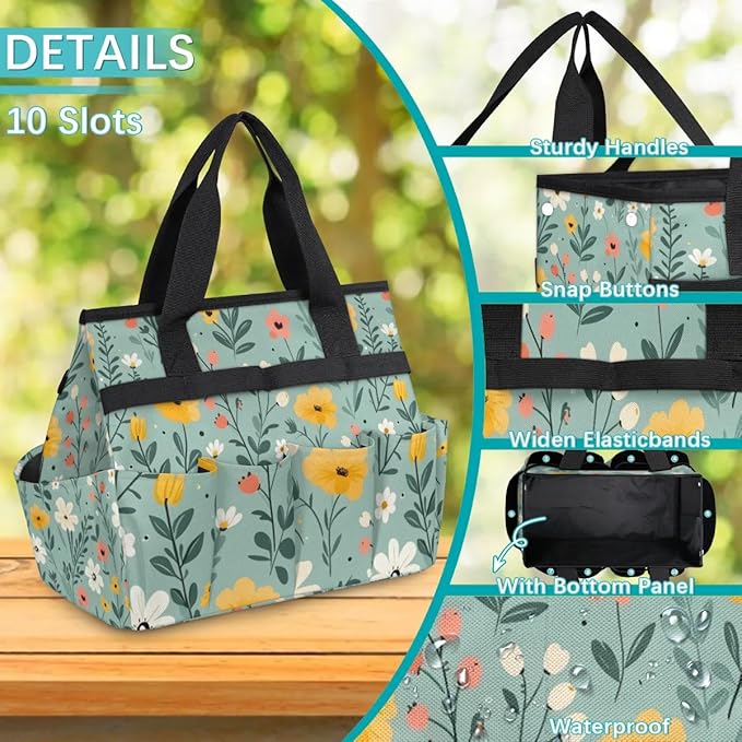 Garden Tool Bag Organizer Garden Tote Bag with Pockets Floral Patterned Flower Tool Storage Organizer Gardening Tool Kit Holder 13" x 6.8" x 2.8"