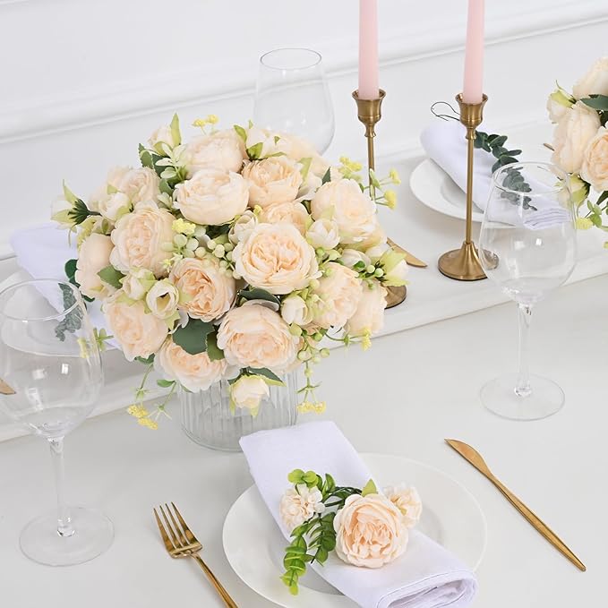 MARTINE MALL 8 Packs Peonies Artificial Flowers, Champagne Artificial Peonies, Silk Peonies Flowers Fake Peonies Artificial Flowers Peonies Bouquet for Centerpiece Table Wedding Party Home Decor