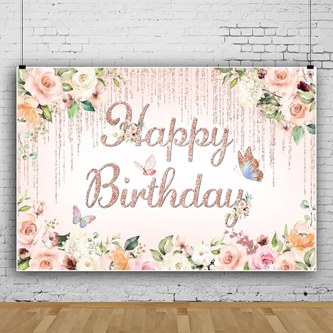 ChloropLastid 10x6.5ft Pink Floral Birthday Backdrop Rose Gold Glitter Flower Blossom Butterflies Happy Birthday Photography Background for Girls Princess Bday Party Decorations Banner Photo Props