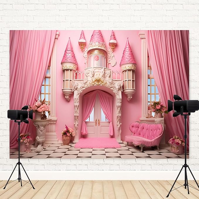 10x5ft Pink Castle Backdrop Room Door Curtain Photography Background Flowers Vases Sofa Princess Girl Birthday Banner Decorations Newborn Baby Shower Wedding Party Portrait Photo Booth Prop