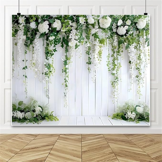 Flower Wall Backdrop 10x8ft Wedding Backdrop White Flower Backdrop Bridal Shower Backdrop Green Leaves Decoration Wood Wall Background Birthday Party Decorations Photo Studio Props