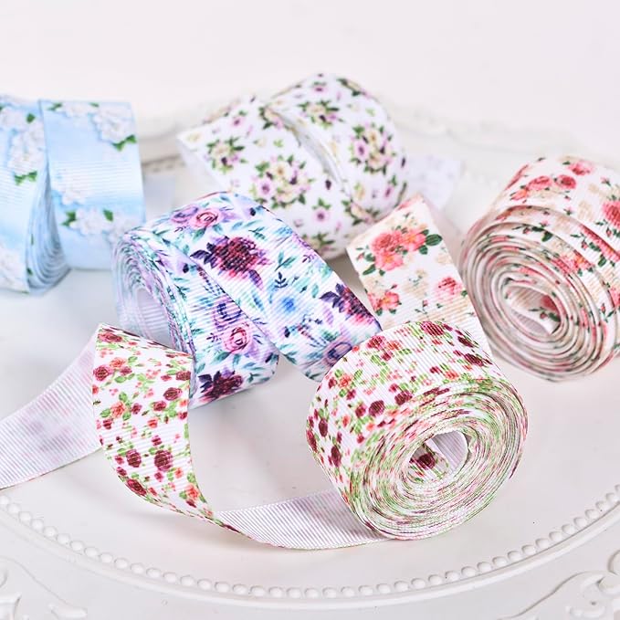 Floral Grosgrain Ribbon, 5 Rolls Flower Pattern Ribbon Spring Summer Fabric Decorative Craft Ribbon Roll for Gift Wrapping Decor Hair Bow Sewing Wreath Crafts (Mixed Color, 1-1/2Inch X 10Yards)