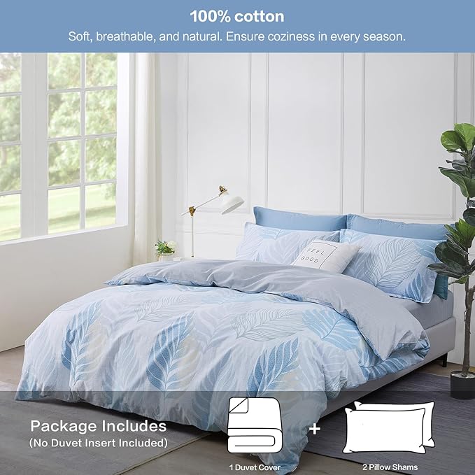 SAPHREAS Tropical Monstera Leaf Duvet Cover Set 3pcs Queen Size Light Blue White Botanical Palm Leaves Bedding Comforter Cover Set 1 Duvet Cover 2 Pillow Shams, Comforter Not Included