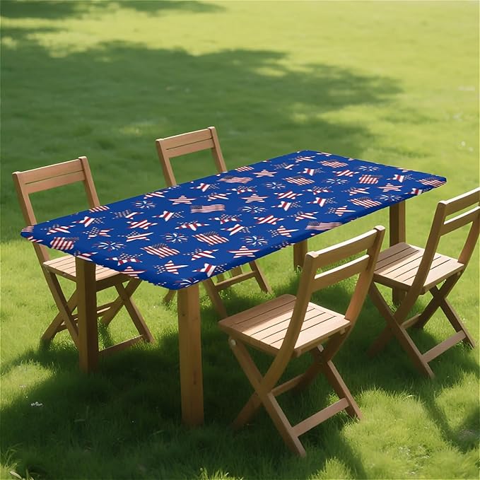 Rectangle Table Cloth Cover Waterproof Elastic Fitted Polyester Fitted Tablecloths for 4 Foot Tables for Indoor,Picnic, Camping, Outdoor （48" x 30"，American Flag）