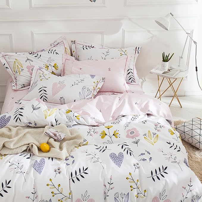 Girls Boho White Pink Floral Duvet Cover Queen Bedding Sets Cotton Comforter Cover Chic Flower Branches Bedding Sets with 2 Pillowcases